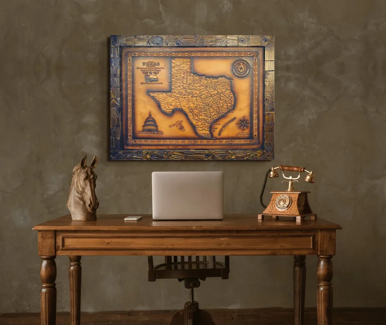 Leather map of Texas in a carved frame on a wall above a wooden desk