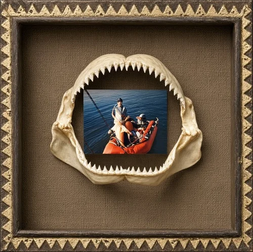Shark jaw and fishing photo in a gold shadow box frame by The Frame Gallery