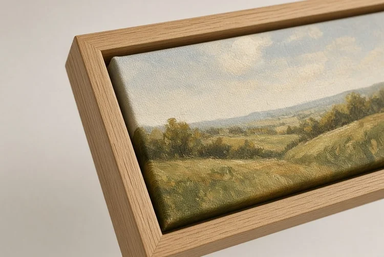 Corner of a landscape painting on canvas in a natural oak float frame