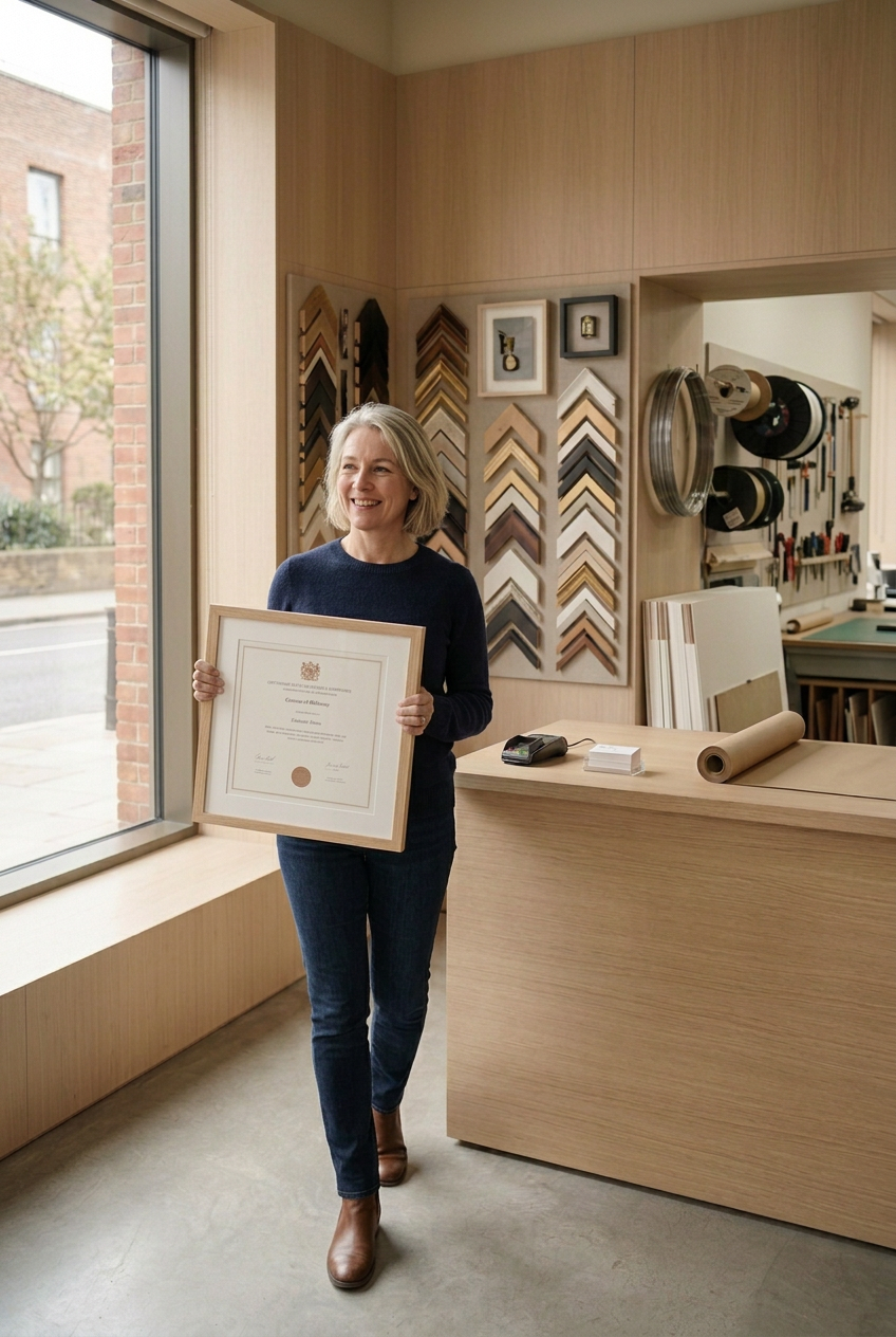 Customer picking up a framed diploma at a picture frame shop