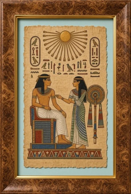 Egyptian papyrus painting of a seated pharaoh, framed with a blue mat and burl wood frame, San Antonio