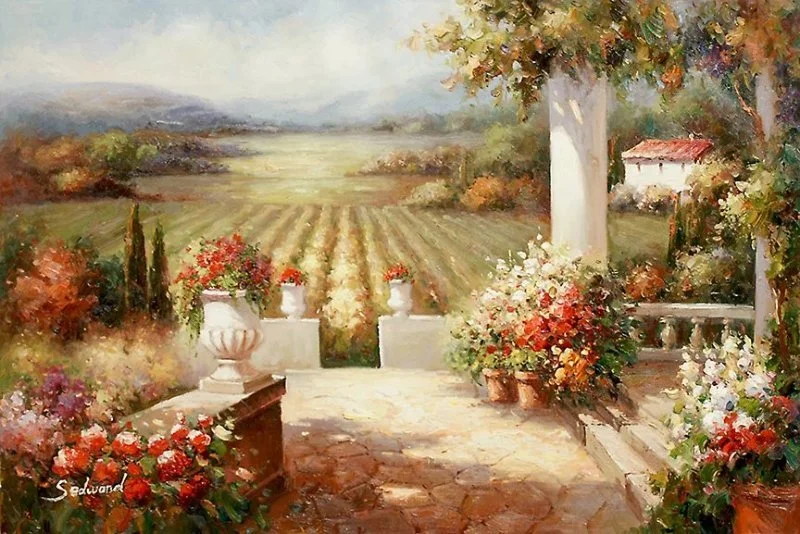 Hand-painted Tuscany terrace with flower urns overlooking vineyards and misty hills