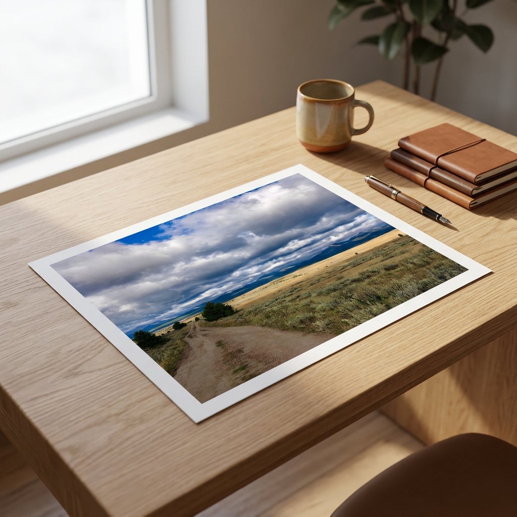 Landscape print of a coastal path under dramatic clouds, lying on a wooden desk