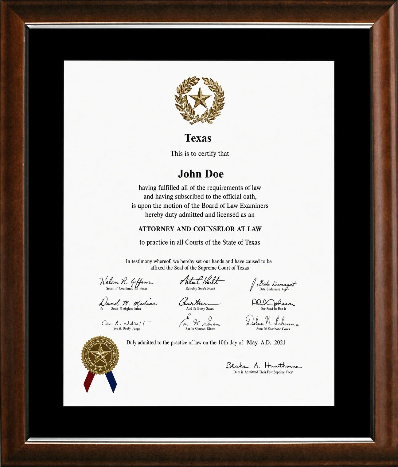 Texas Diploma with Cherry Wood Frame.