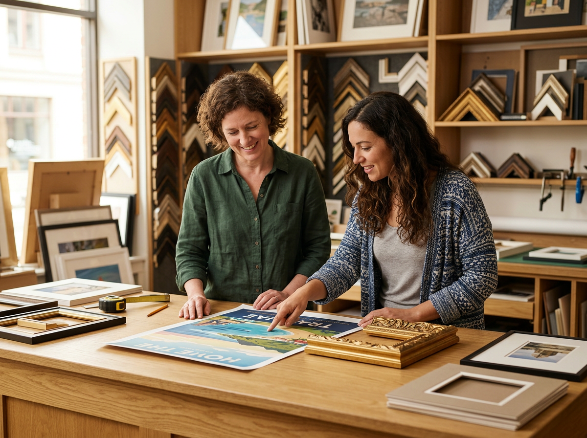 Two women examining framed posters and photos at the design counter in our San Antonio custom framing studio