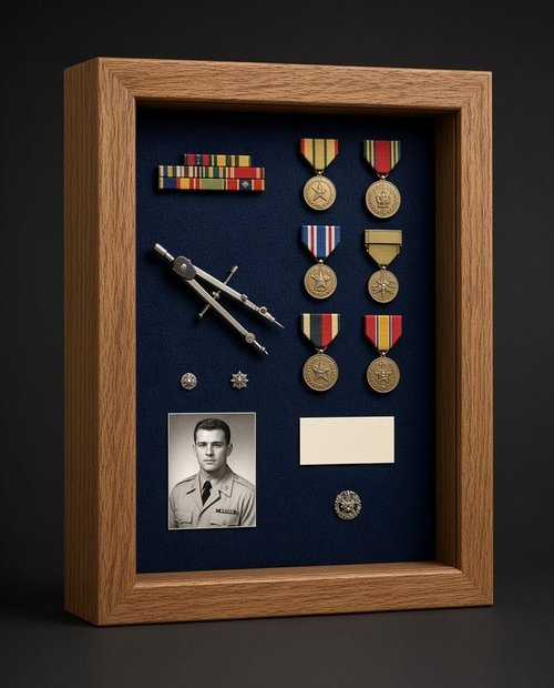 Military shadow box with service medals, ribbon bars and a portrait in a deep oak frame, built by The Frame Gallery