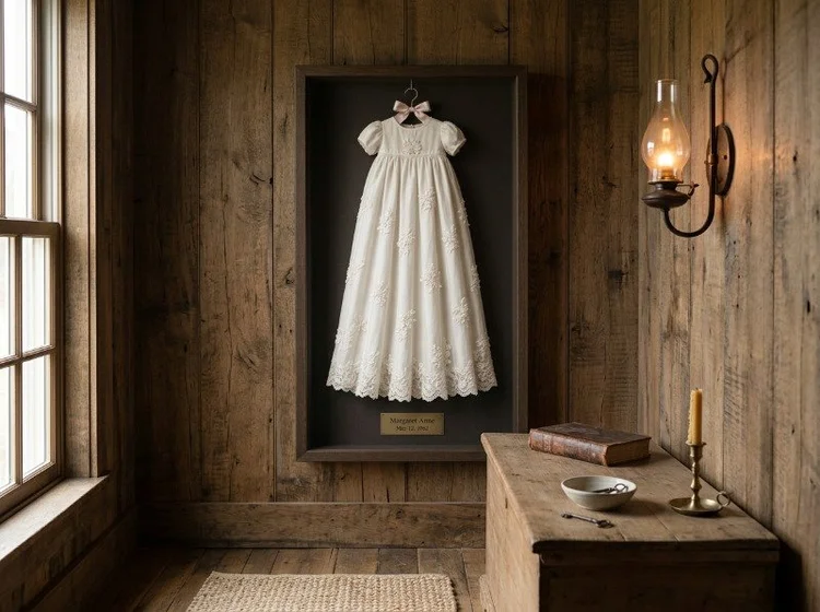 Christening gown displayed in a deep shadow box frame on a rustic wood wall