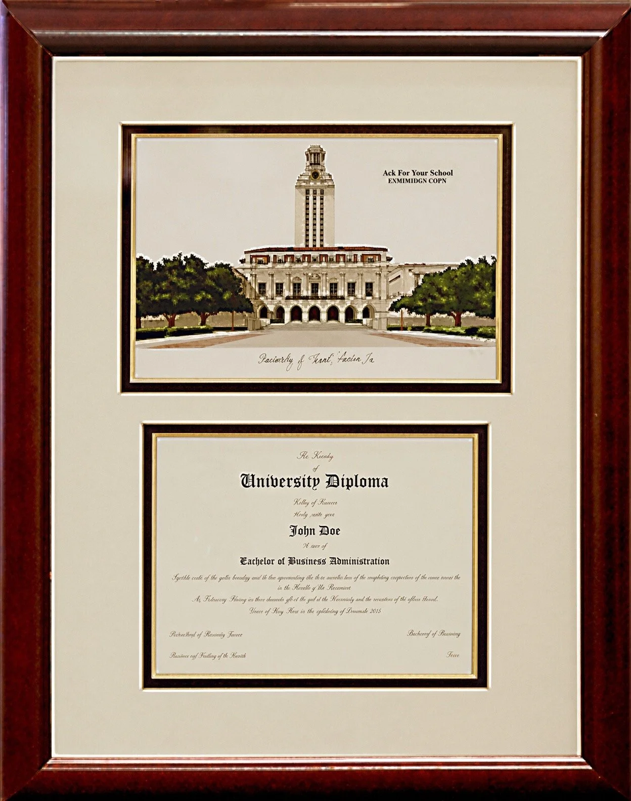 Custom Framed University Diploma with drawing.