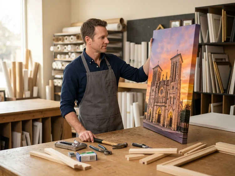 Framer stretching a painting on canvas over a wood stretcher frame at a workbench