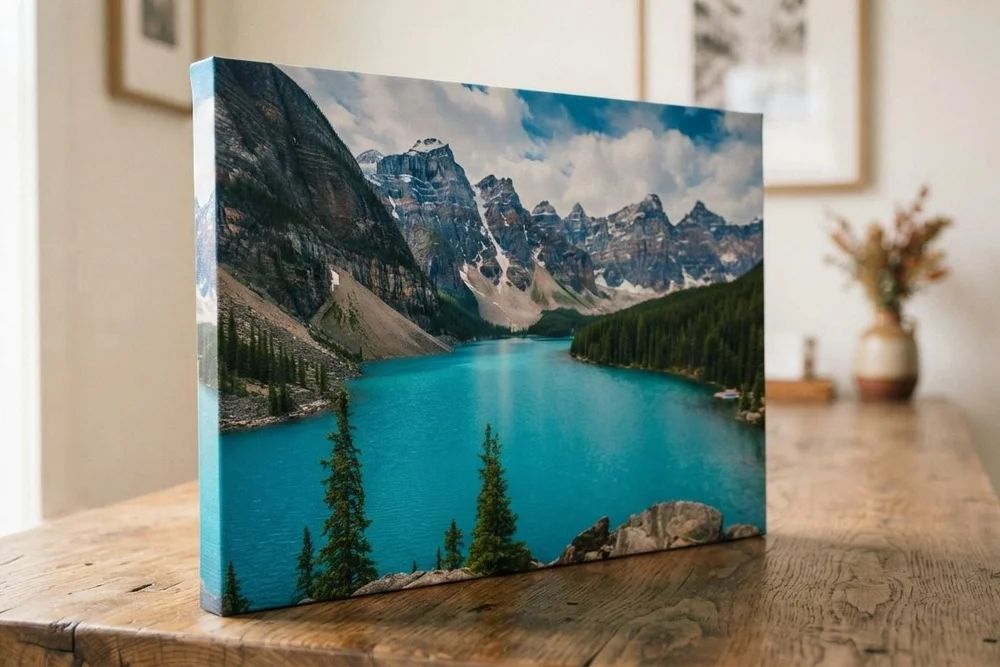Gallery-wrapped lake and mountain canvas standing on a wood table, edge wrapped