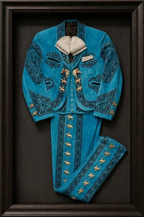 Turquoise charro suit with gold horse ornaments in a black shadow box frame by The Frame Gallery