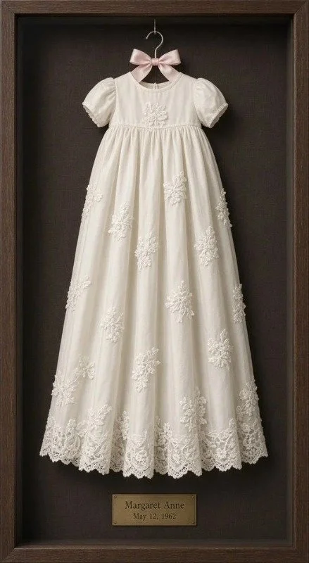 Christening gown displayed in a deep black shadow box, custom framed in San Antonio