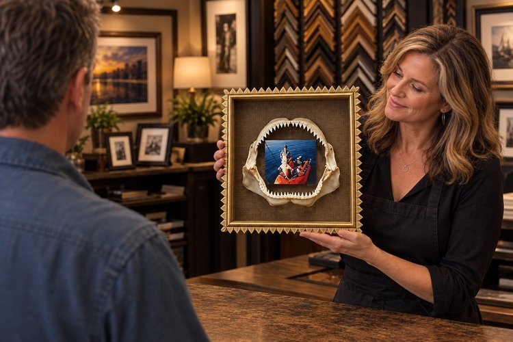 Frame designer showing a customer a finished shadow box in a frame shop