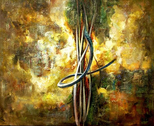 Hand-painted modern abstract in gold, brown and green with intertwined ribbon lines