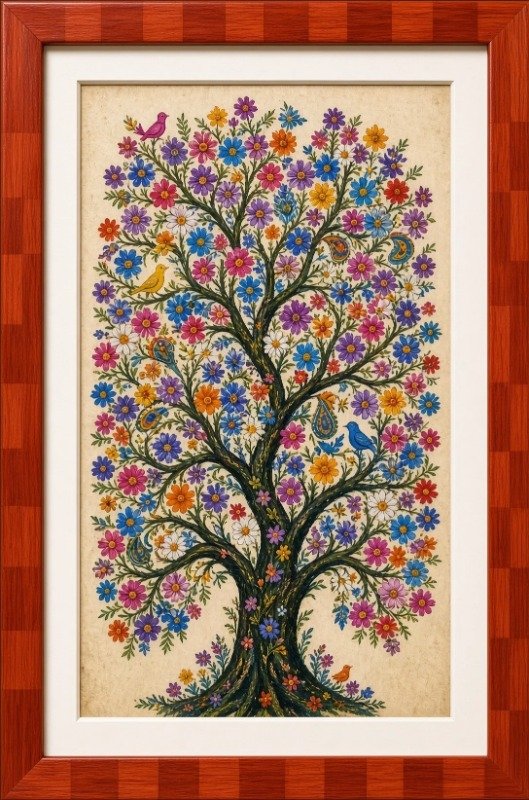 Embroidered tree of life with flowers and birds, framed with a red patterned mat, San Antonio