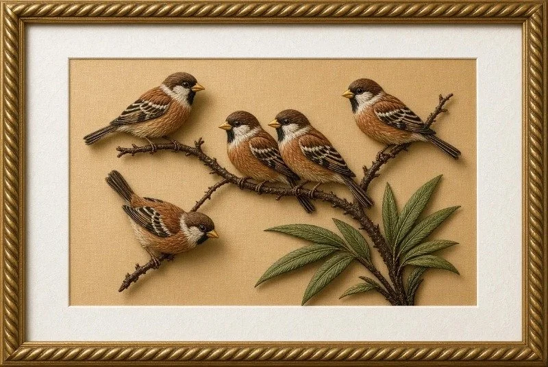 Silk embroidery of sparrows on a branch, custom framed in a gold frame with a cream mat, San Antonio