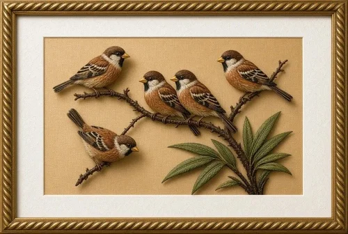 Framed silk embroidery of sparrows, mounted without adhesive under UV glass in San Antonio