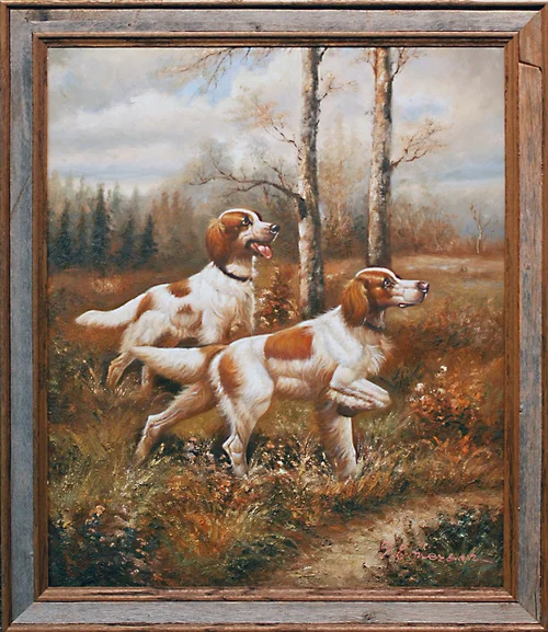 Painting of two hunting dogs in a rustic barnwood frame