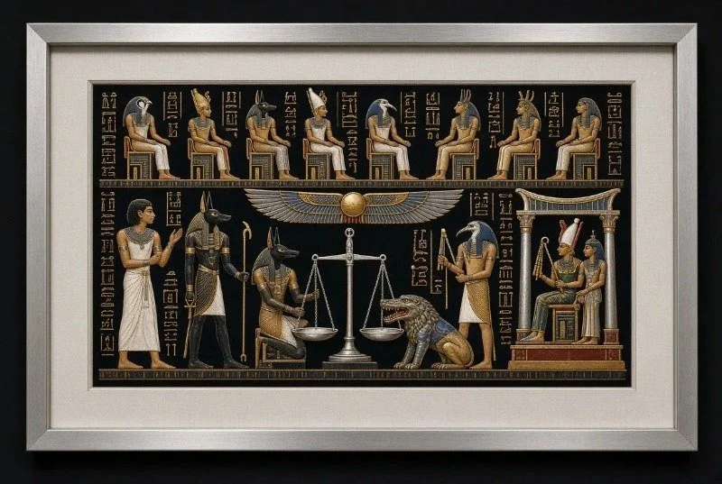 Egyptian papyrus of the weighing of the heart, custom framed with a wide mat and black frame, San Antonio