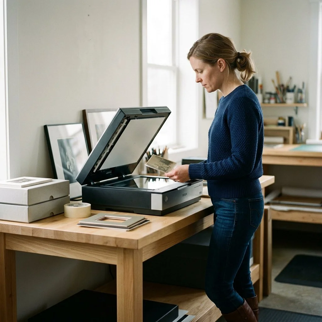 Woman scanning a photo on a flatbed scanner to get the file ready for printing