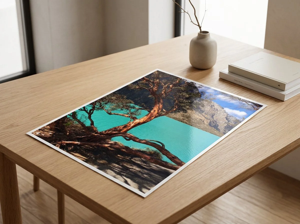 Glossy photo print of a twisted tree above a turquoise lake, lying on a wooden table