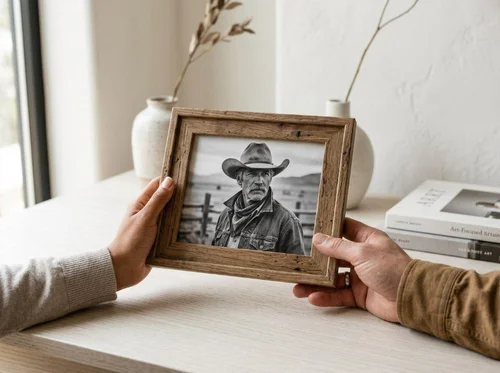 Hands holding a rustic wood frame with a black-and-white cowboy portrait
