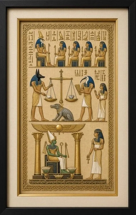 Egyptian papyrus painting of Anubis and seated gods, custom framed in a gold frame in San Antonio