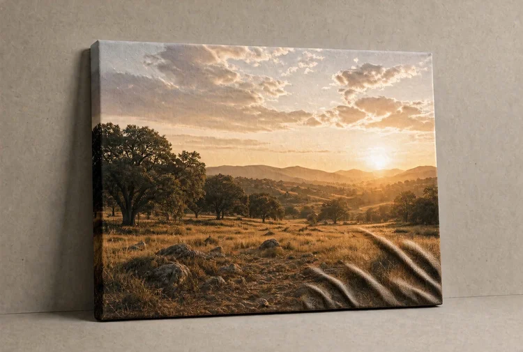 Stretched landscape canvas with ripples and wrinkles in the lower right corner