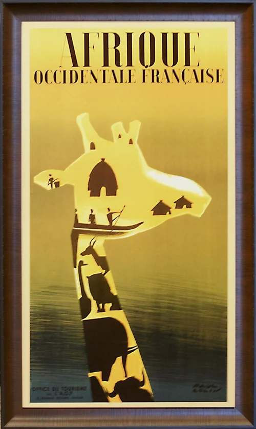 Framed vintage French travel poster with a giraffe in a brown wood frame
