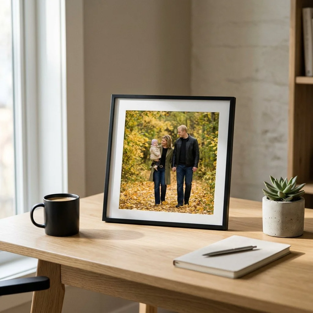 Framed photo print of a couple among fall trees, displayed on a desk