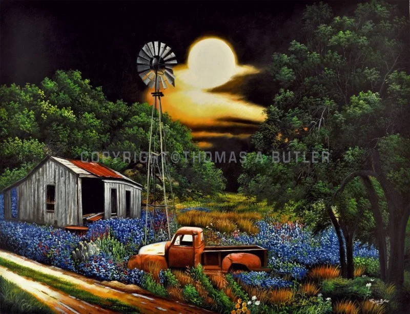 Texas Hill Country painting by Thomas Butler: moonlit windmill, old barn and rusty pickup in bluebonnets