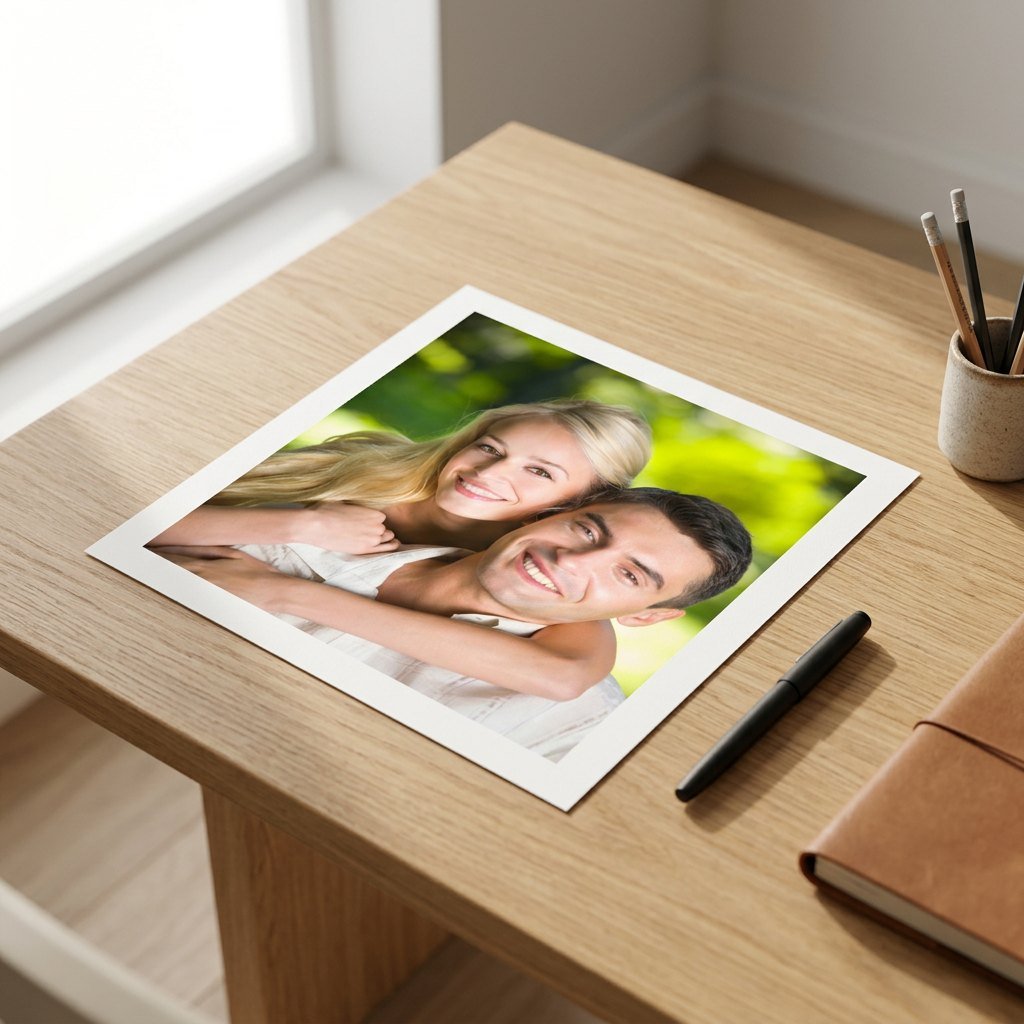 Portrait print of a smiling couple, lying on a wooden desk