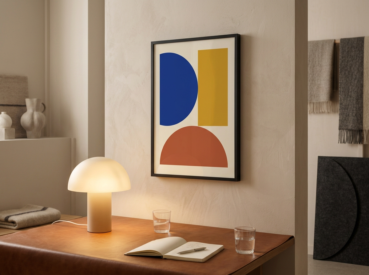 Custom framed abstract art print displayed above a desk in a modern living space