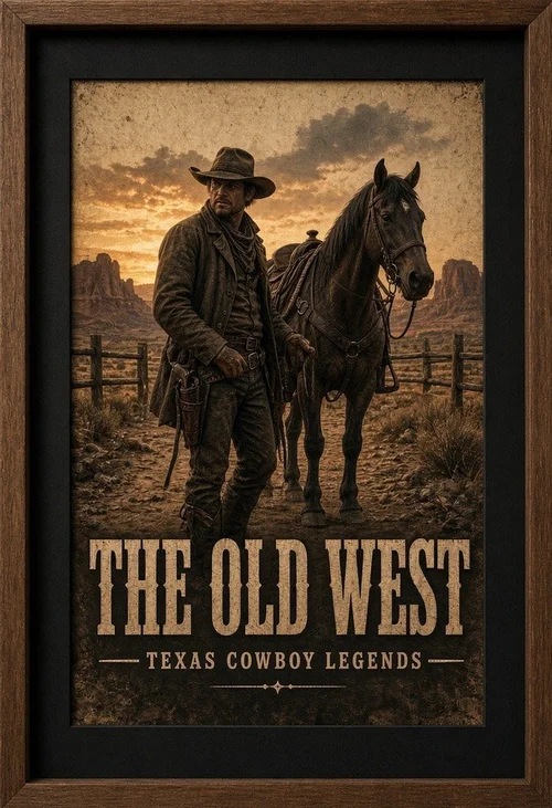 Framed western movie style poster titled The Old West with a black mat in a brown wood frame