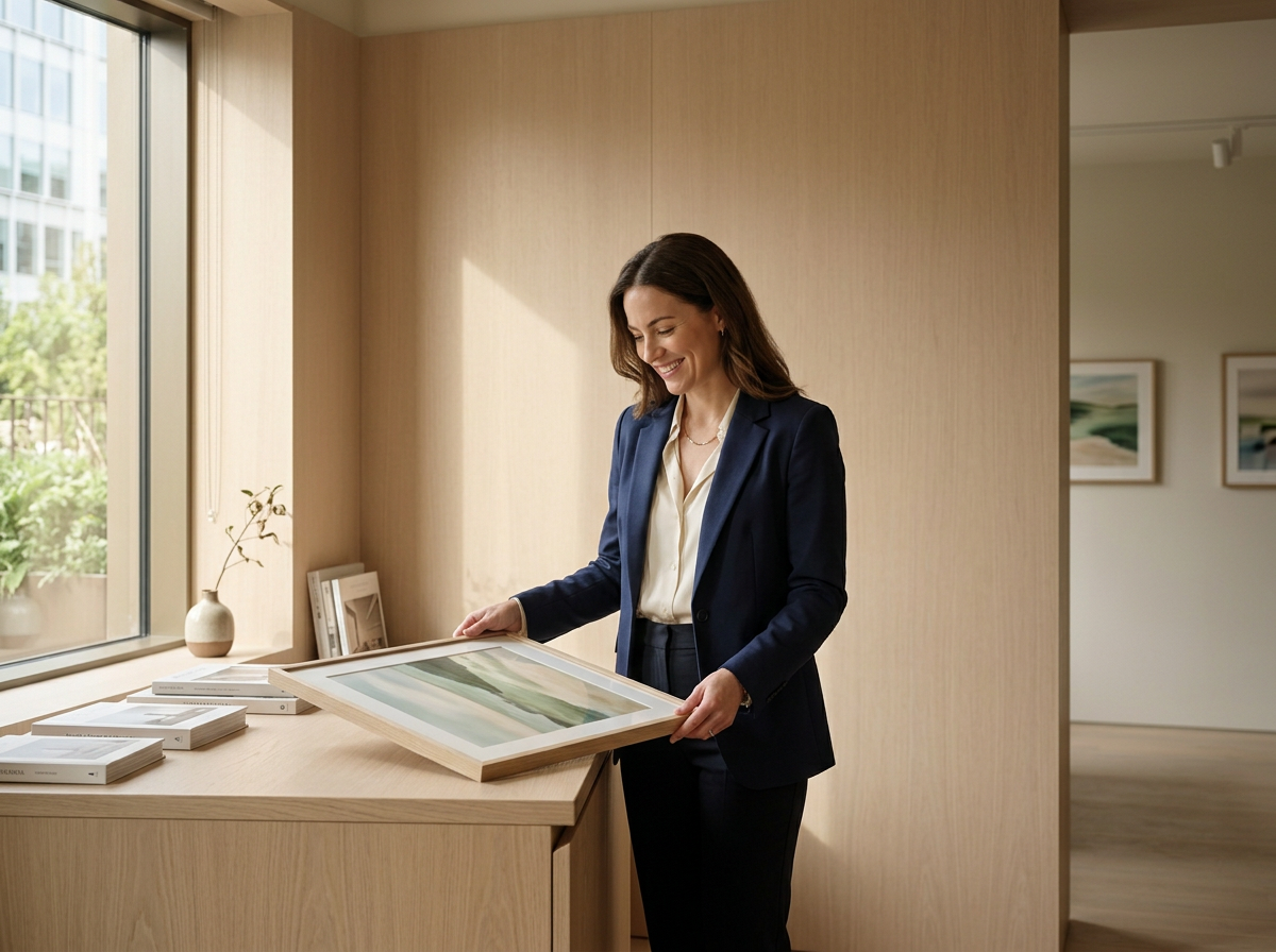Woman in a blazer reviewing a custom framed print at The Frame Gallery in San Antonio