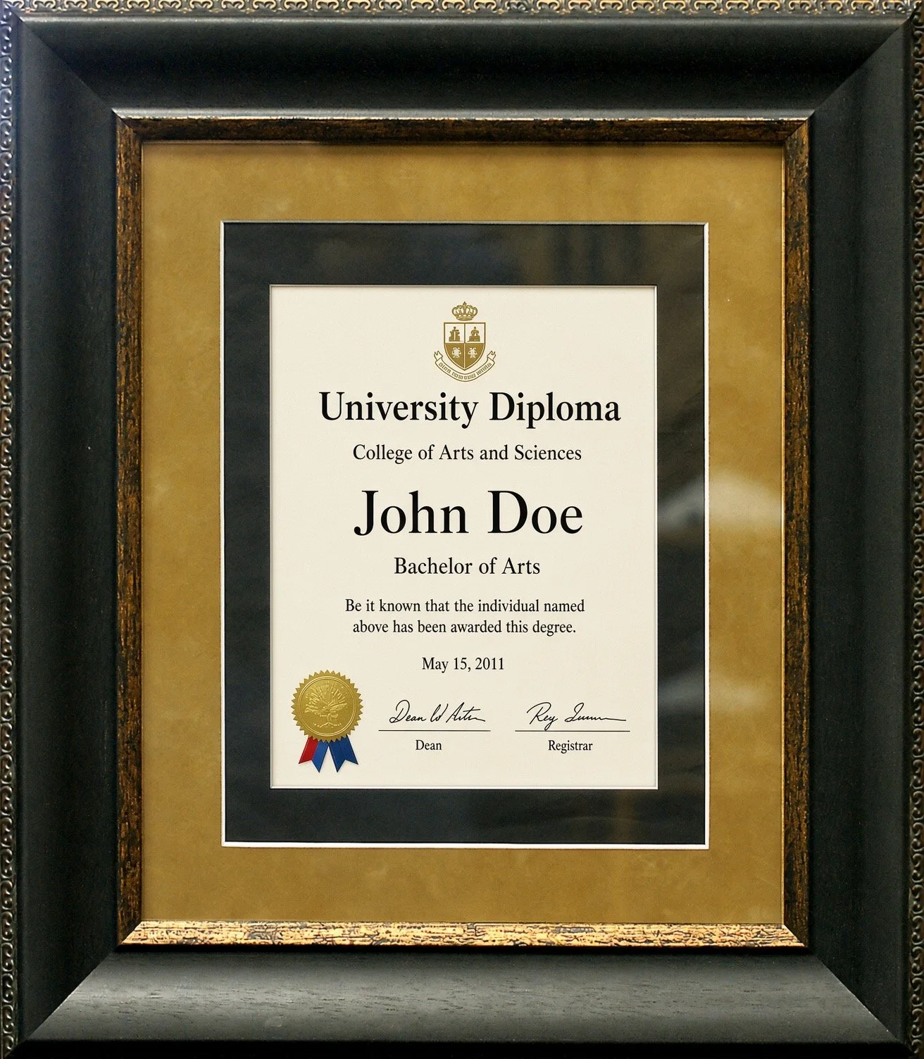 College diploma with leather mat and charcoal wood frame.
