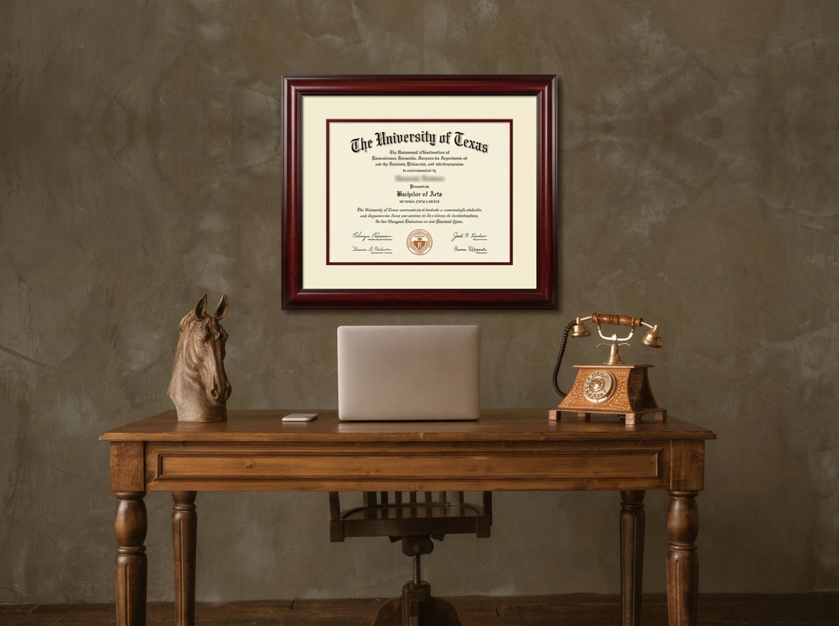 Framed university diploma in an oval mat displayed on an office desk in San Antonio