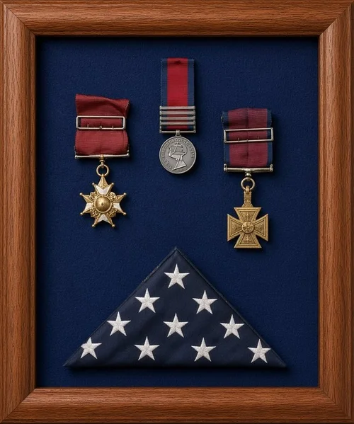 Military shadow box with folded American flag and service medals, framed by The Frame Gallery