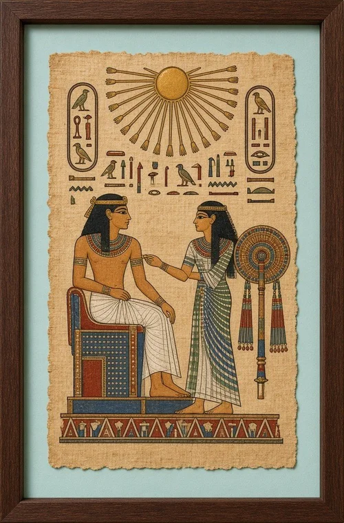 Egyptian papyrus floated on a light blue mat in a dark wood frame, custom framed in San Antonio
