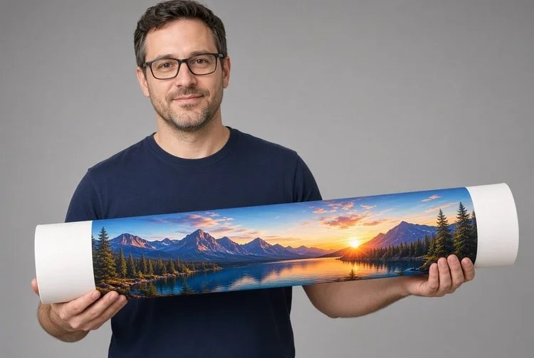 Man holding a rolled canvas with a mountain lake sunset picture