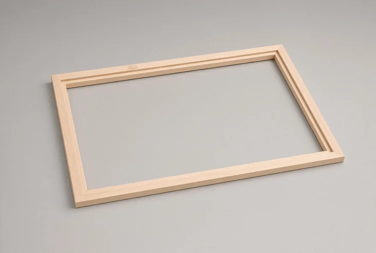 Empty natural wood stretcher frame lying on a gray surface