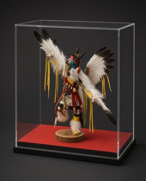 Feathered kachina doll in a custom acrylic display box with a red base, built by The Frame Gallery