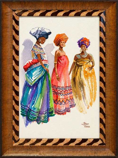 Watercolor of three women in colorful dresses in an inlaid striped wood frame, custom framed in San Antonio
