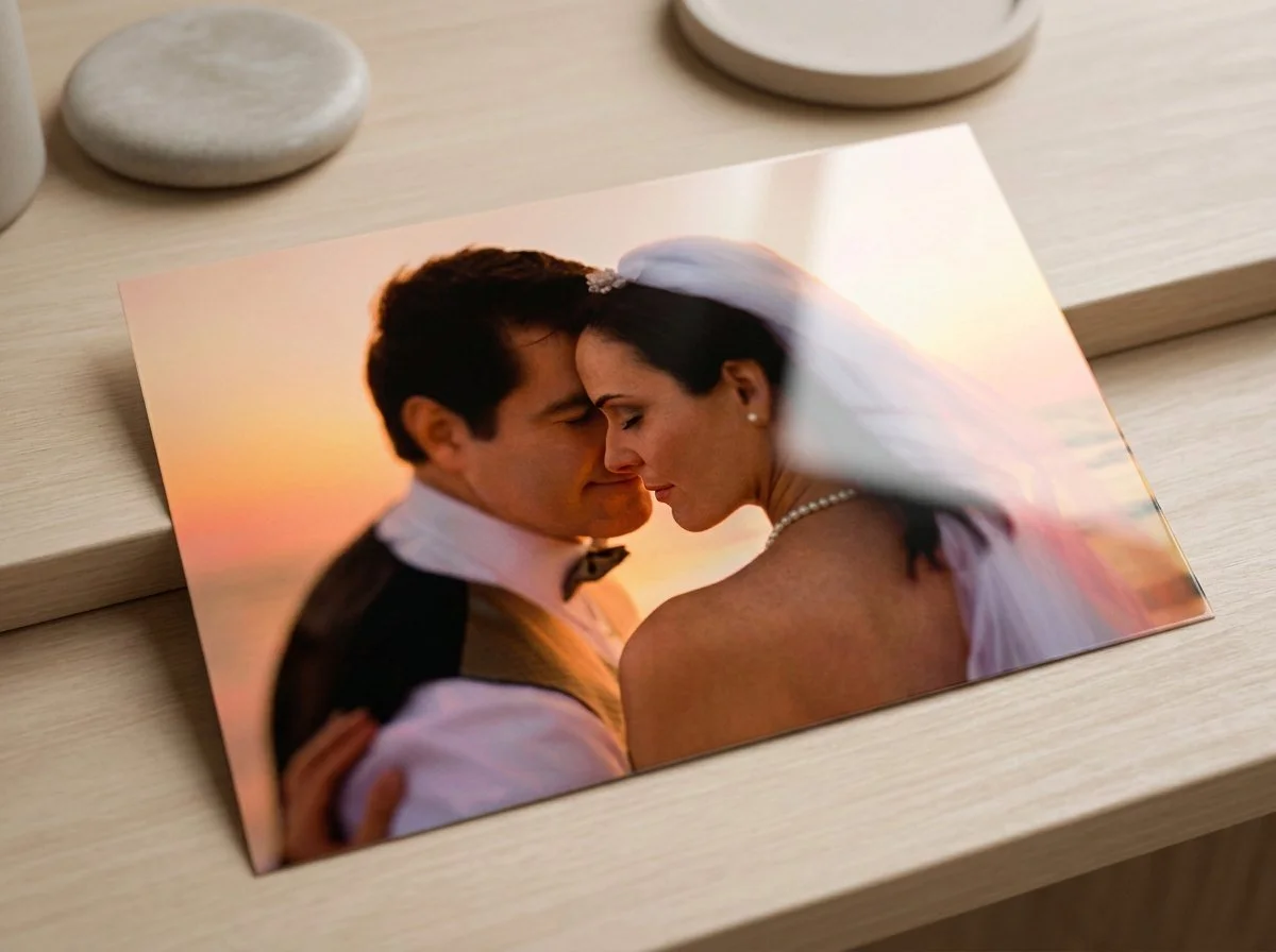 Metallic photo print of a bride and groom at sunset, lying on a wooden table
