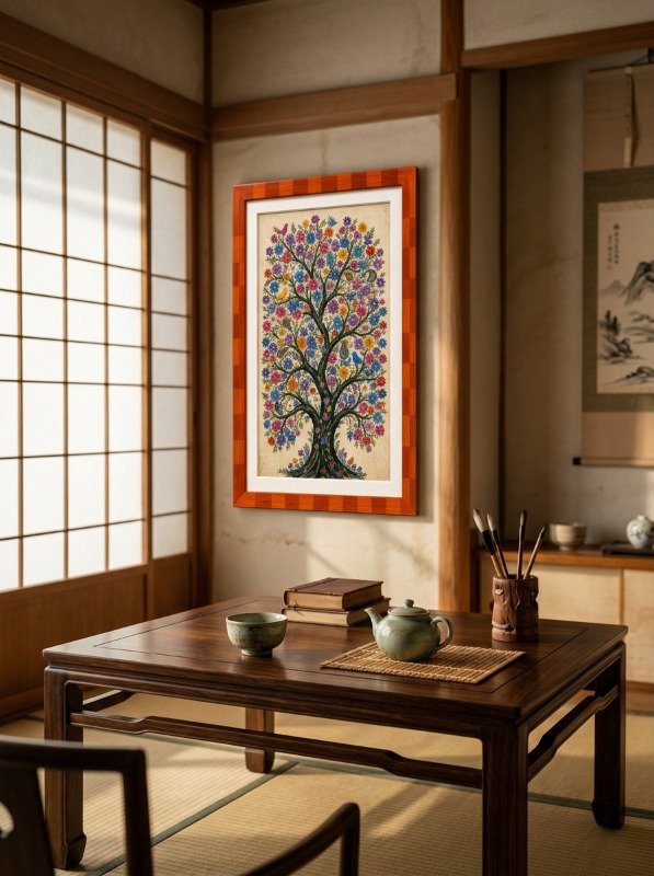 Framed embroidered tree of life hanging above a wooden table in a sunlit room