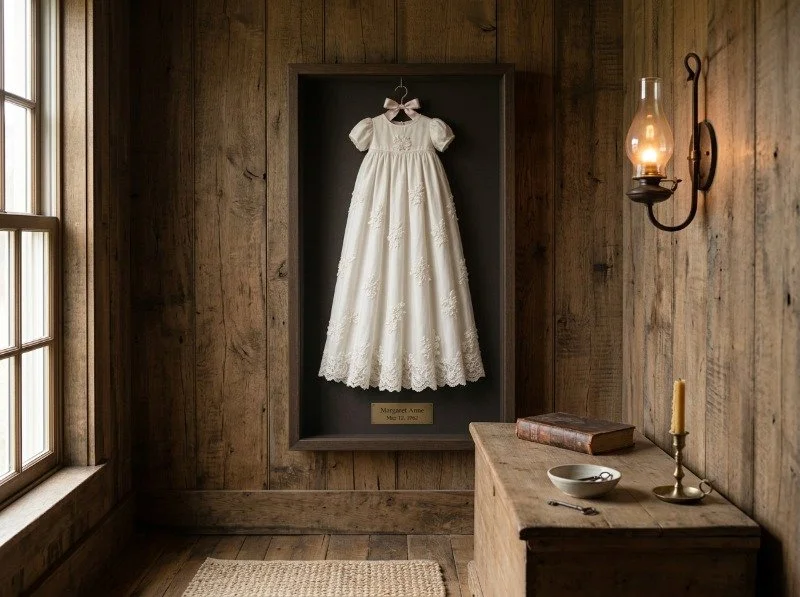 Christening gown framed in a deep shadow box displayed on a wood panelled wall