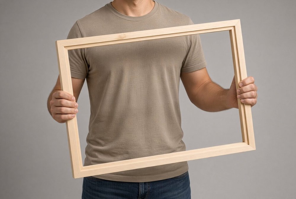 Man in a tan T-shirt holding an empty natural wood stretcher frame
