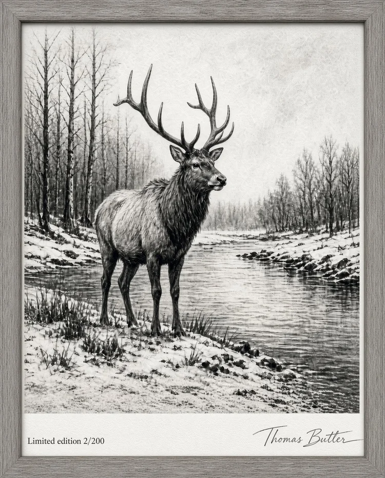 Framed limited edition elk drawing signed Thomas Butler, numbered 2 of 200, in a grey frame