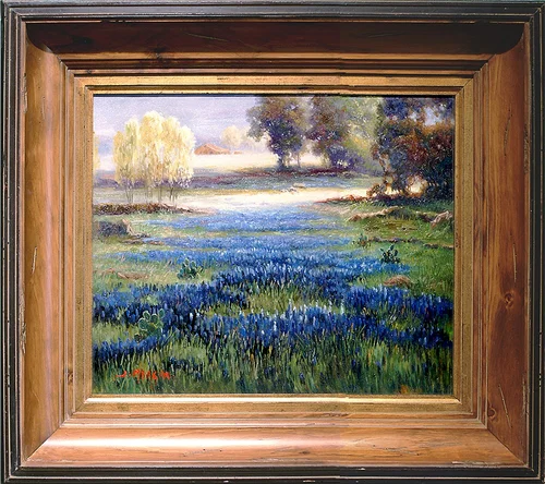 Texas bluebonnet painting in a ready-made wide stepped wood frame