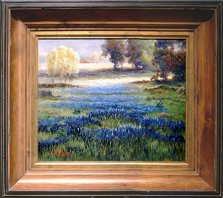 Texas bluebonnet painting in a wide stepped wood frame